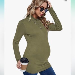 Women's Maternity Mock Neck Long Sleeve Ribbed Knit Tee Shirt in Army Green